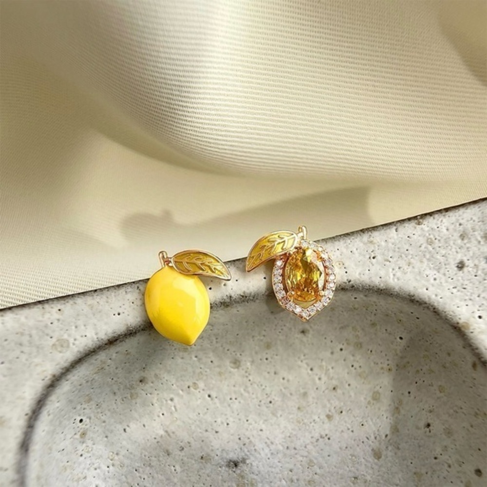 Sunlit Lemon Enamel &‎ Gold Gem Earrings 1cm Mismatched Summer Jewelry